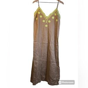 Zara NWOT 100% Linen Maxi  Dress Tan Green Embroidered Size Large